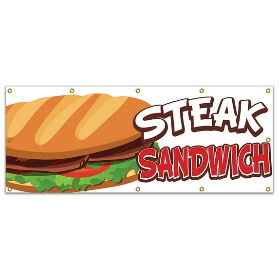 SignMission B-120 Steak Sandwich19 120 in. Concession Stand Food Truck Single Sided Banner - Steak Sandwich