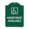 thumbnail image 1 of SignMission A-DES-GW-1824-24332 18 x 24 in. Designer Series Sign - Assistance Available with Handicap Symbol, Green & White, 1 of 4