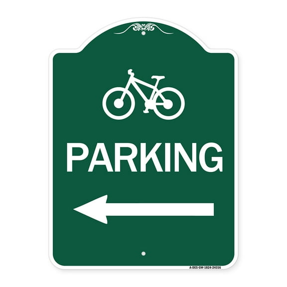 SignMission A-DES-GW-1824-24316 18 x 24 in. Designer Series Sign - Bicycle Symbol Parking & Left Arrow, Green & White