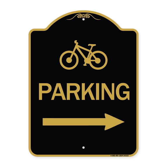 SignMission A-DES-BG-1824-24315 18 x 24 in. Designer Series Sign - Bicycle Symbol Parking with Right Arrow, Black & Gold