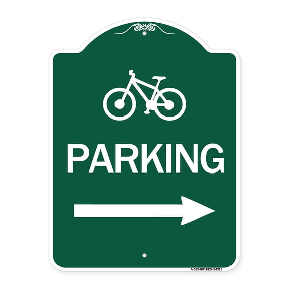 SignMission A-DES-GW-1824-24315 18 x 24 in. Designer Series Sign - Bicycle Symbol Parking with Right Arrow, Green & White