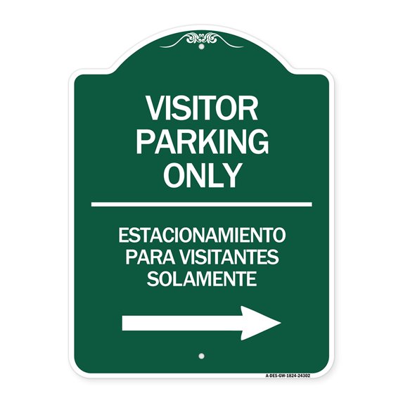 SignMission Designer Sign - Bilingual Reserved Parking Sign Visitor Parking Only - Estacionamiento Para Visitantes Solamente (With Right Arrow) | Green & White 18" X 24" Aluminum