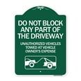 thumbnail image 1 of SignMission Designer Series Sign - Do Not Block ANY Part of the Driveway Unauthorized Vehicles Towed at Owner Expense with Graphic | Green & White 18" X 24" Heavy-Gauge Aluminum, 1 of 4