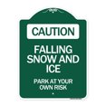 thumbnail image 1 of SignMission A-DES-GW-1824-24283 18 x 24 in. Designer Series Sign - Caution Falling Snow & Ice Park At Your Own Risk, Green & White, 1 of 4