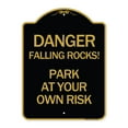 thumbnail image 1 of SignMission A-DES-BG-1824-24197 18 x 24 in. Designer Series Sign - Danger Falling Rocks - Park At Your Own Risk, Black & Gold, 1 of 4
