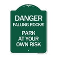 thumbnail image 1 of SignMission A-DES-GW-1824-24197 18 x 24 in. Designer Series Sign - Danger Falling Rocks - Park At Your Own Risk, Green & White, 1 of 4