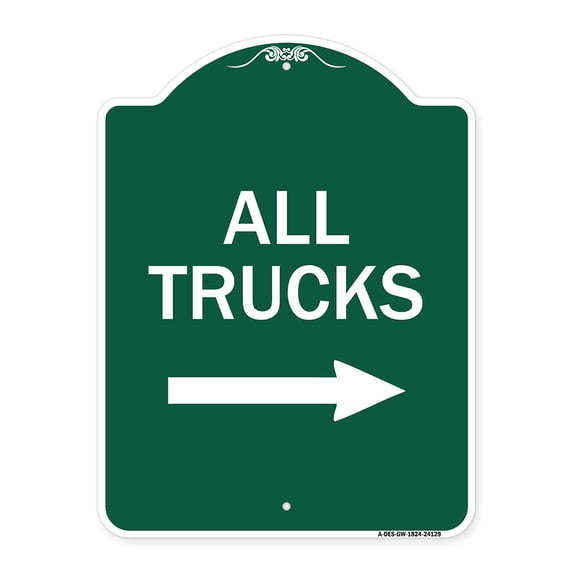SignMission A-DES-GW-1824-24129 18 x 24 in. Designer Series Sign - Driveway Sign All Trucks with Right Arrow, Green & White