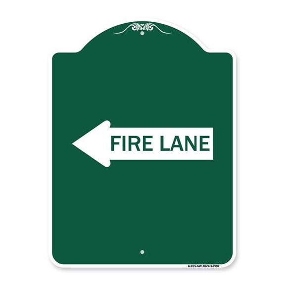 SignMission  18 x 24 in. Designer Series Sign - Fire Lane Left Arrow, Green & White