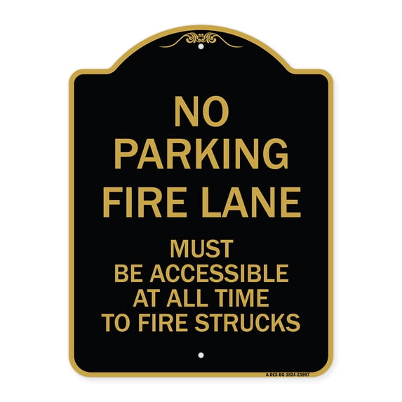 SignMission Designer Series Sign - Fire Lane Must Be Accessible at All Time to Fire Trucks | Black & Gold 18" X 24" Heavy-Gauge Aluminum Architectural Sign | Protect Your Business |