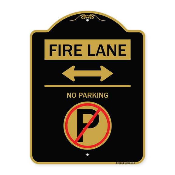 SignMission Designer Series Sign - Fire Lane - No Parking (With No Parking Symbol and Bidirectional Arrow) | Black & Gold 18" X 24" Heavy-Gauge Aluminum Architectural Sign | Made in the