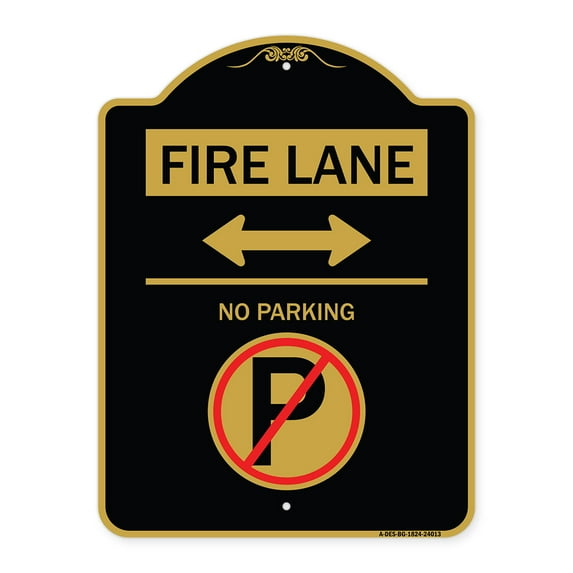SignMission Designer Series Sign - Fire Lane - No Parking (With No Parking Symbol and Bidirectional Arrow) | Black & Gold 18" X 24" Heavy-Gauge Aluminum Architectural Sign | Made in the