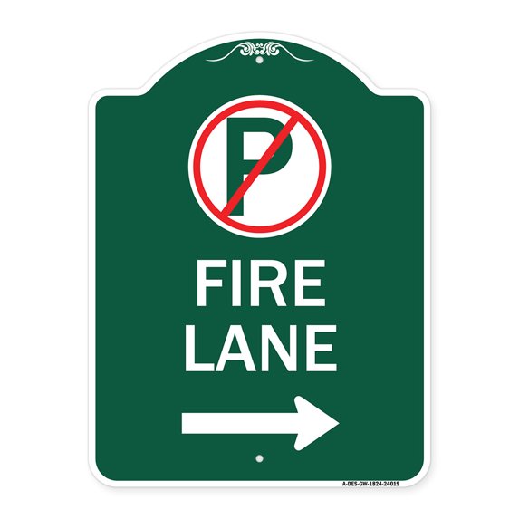 SignMission A-DES-GW-1824-24019 18 x 24 in. Designer Series Sign - Fire Lane with No Parking Symbol & Right Arrow, Green & White