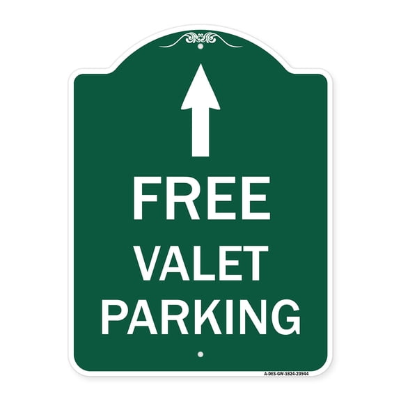 SignMission A-DES-GW-1824-23944 18 x 24 in. Designer Series Sign - Free Valet Parking with Ahead Arrow, Green & White