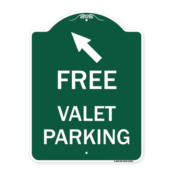 SignMission A-DES-GW-1824-23941 18 x 24 in. Designer Series Sign - Free Valet Parking with Upper Left Arrow, Green & White
