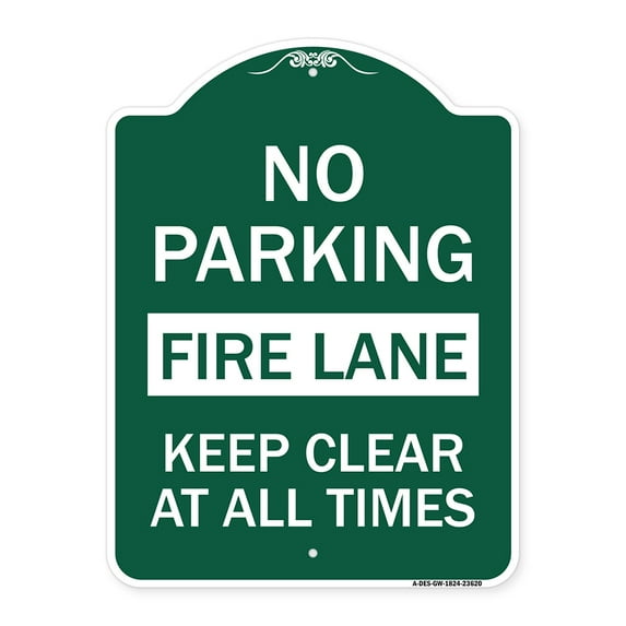 SignMission A-DES-GW-1824-23620 18 x 24 in. Designer Series Sign - No Parking Fire Lane Keep Clear At All Times, Green & White