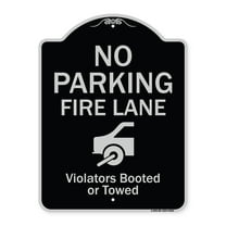 SignMission A-DES-BS-1824-9962 18 x 24 in. Designer Series Sign - No Parking Fire Lane with Graphic Violators Booted or Towed, Black & Silver