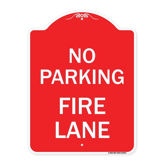SignMission A-DES-RW-1824-23623 18 x 24 in. Designer Series Sign - No Parking Fire Lane with Striped Border, Red & White