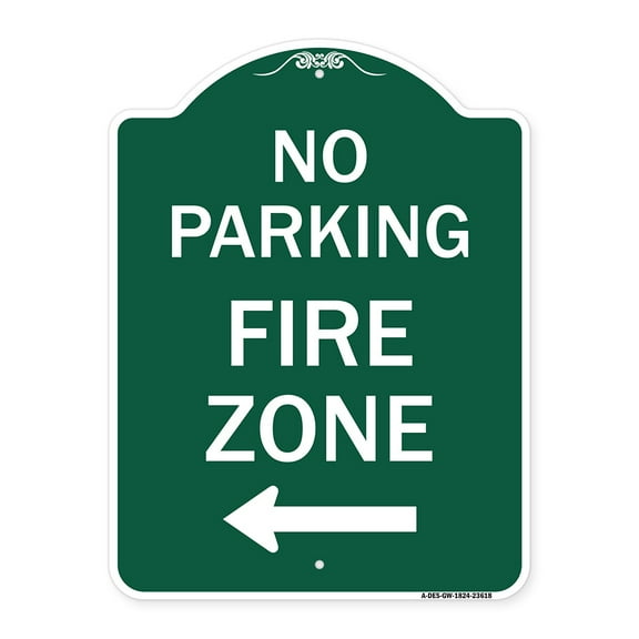 SignMission A-DES-GW-1824-23618 18 x 24 in. Designer Series Sign - No Parking Fire Zone with Left Arrow, Green & White
