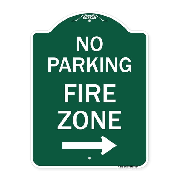 SignMission A-DES-GW-1824-23617 18 x 24 in. Designer Series Sign - No Parking Fire Zone with Right Arrow, Green & White