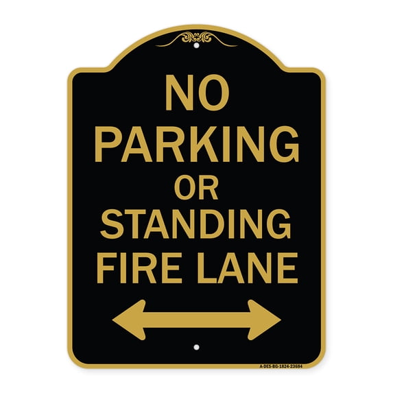 SignMission Designer Series Sign - No Parking or Standing Fire Lane (With Bidirectional Arrow) | Black & Gold 18" X 24" Heavy-Gauge Aluminum Architectural Sign | Made in the USA