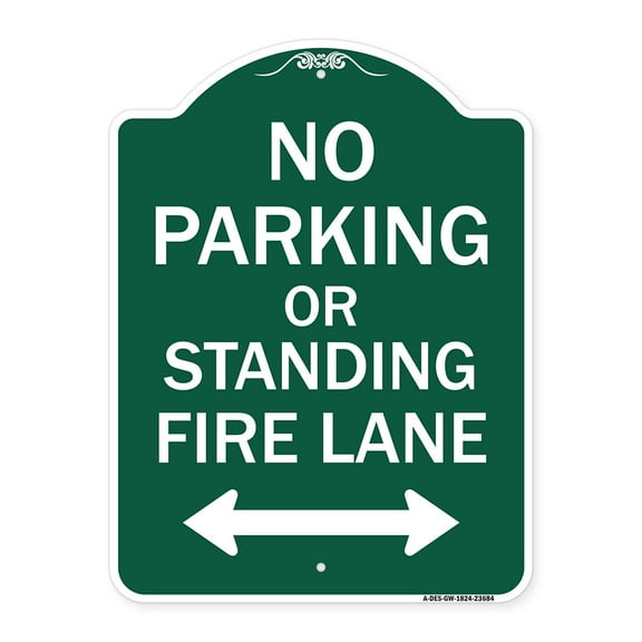 SignMission A-DES-GW-1824-23684 18 x 24 in. Designer Series Sign - No Parking or Standing Fire Lane with Bidirectional Arrow, Green & White