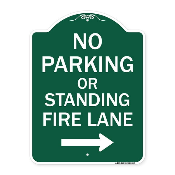 SignMission A-DES-GW-1824-23682 18 x 24 in. Designer Series Sign - No Parking or Standing Fire Lane with Right Arrow, Green & White