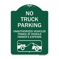 thumbnail image 1 of SignMission Designer Series Sign - No Parking Sign No Truck Parking Unauthorized Vehicles Towed at Vehicle Owner's Expense (With Car Tow Graphic | Green & White 18" X 24" Aluminum, 1 of 4