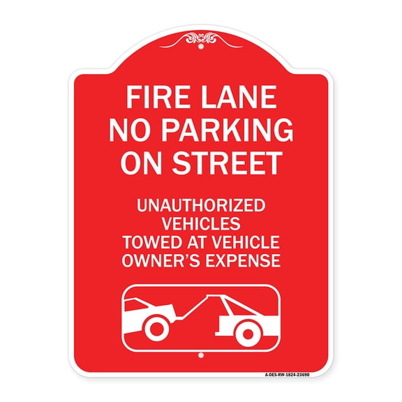 SignMission Designer Series Sign - No Parking on Street Unauthorized Vehicles Towed at Vehicle Owner's Expense (With Car Tow Graphic) | Red & White 18" X 24" Heavy-Gauge Aluminum