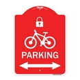thumbnail image 1 of SignMission A-DES-RW-1824-23475 18 x 24 in. Designer Series Sign - Parking with Lock Cycle & Bidirectional Arrow Symbol, Red & White, 1 of 4