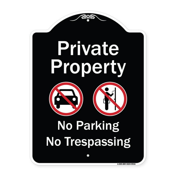 SignMission A-DES-BW-1824-9916 18 x 24 in. Designer Series Sign - Private Property No Parking or Trespassing with Symbols, Black & White