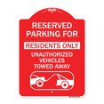 thumbnail image 1 of SignMission Designer Sign - Reserved Parking Sign Reserved Parking for Residents Only Unauthorized Vehicles Towed Away (With Car Tow Graphic) | Red & White 18" X 24" Aluminum, 1 of 4