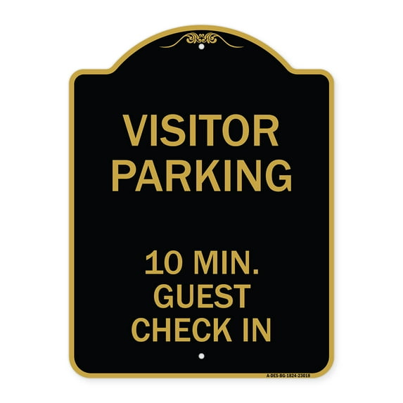 SignMission Designer Series Sign - Reserved Parking Sign Visitor Parking 10 Min. Guest Check In | Black & Gold 18" X 24" Heavy-Gauge Aluminum Architectural Sign | Made in the USA