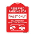 thumbnail image 1 of SignMission Designer Series Sign - Reserved Parking - Valet Only Unauthorized Vehicles Towed Away (With Car Tow Graphic) | Red & White 18" X 24" Heavy-Gauge Aluminum Architectural Sign, 1 of 4