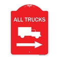thumbnail image 1 of SignMission A-DES-RW-1824-22782 18 x 24 in. Designer Series Sign - Trucks Sign All Trucks with Truck Symbol & Right Arrow, Red & White, 1 of 4
