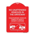 thumbnail image 1 of SignMission Designer Sign - No Unattended Vehicles in the Driveway Unauthorized Vehicles Towed at Vehicle Owner's Expense (With Car Tow Graphic) | Red & White 18" X 24" Aluminum, 1 of 4