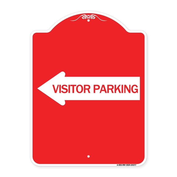 SignMission A-DES-RW-1824-24377 18 x 24 in. Designer Series Sign - Visitor Parking with Left Arrow, Red & White