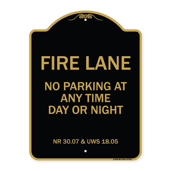 SignMission A-DES-BG-1824-22702 18 x 24 in. Designer Series Sign - Wisconsin Fire Lane No Parking At Anytime Day or Night, Black & Gold
