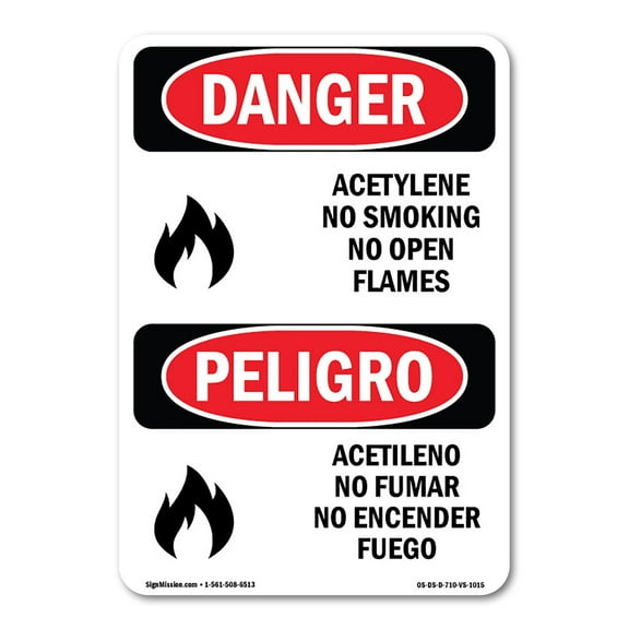 SignMission OS-DS-A-710-VS-1015 7 x 10 in. OSHA Danger Sign - Acetylene No Smoking No Open Flame Bilingual