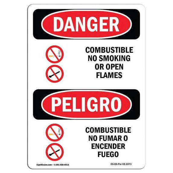 SignMission OS-DS-A-710-VS-1073 7 x 10 in. OSHA Danger Sign - Combustible No Smoking Open Flames Bilingual