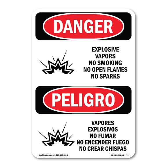 OSHA Danger Sign - Explosive Vapors No Smoking Bilingual |  Aluminum Sign | Protect Your Business, Construction Site, Shop Area |  Made in The USA
