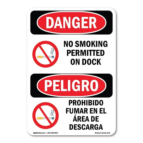 OSHA Danger Sign - No Smoking Permitted On Dock Bilingual | Aluminum Sign | Protect Your Business, Construction Site, Shop Area | Made in The USA