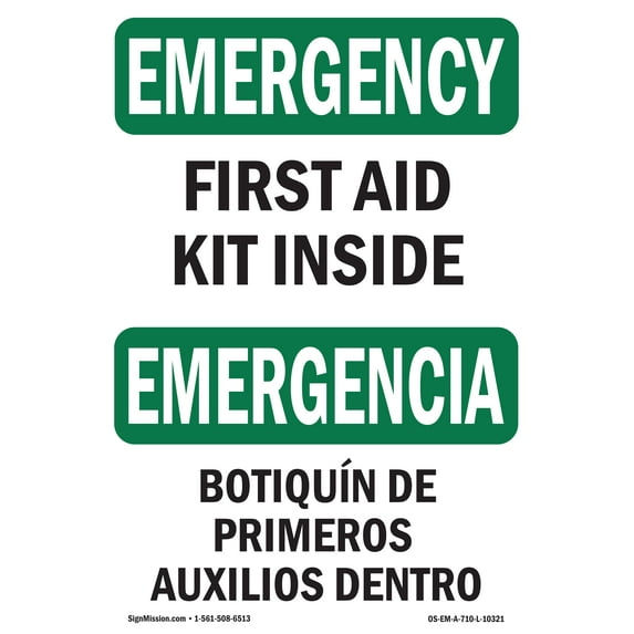 SignMission OS-EM-A-710-L-10321 7 x 10 in. OSHA Emergency Sign - First Aid Kit Inside Bilingual