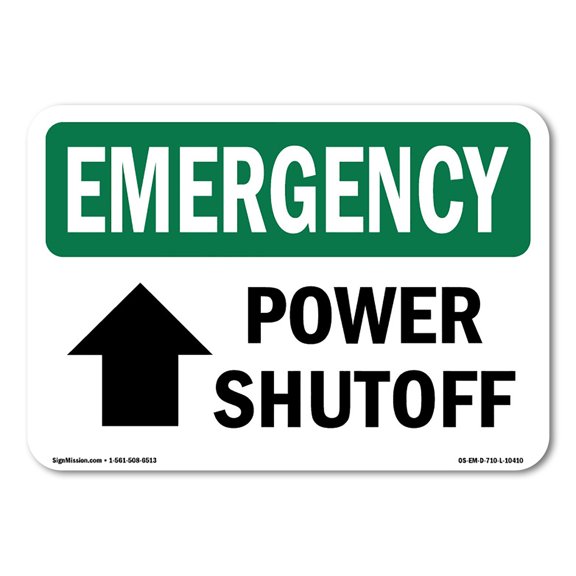 OSHA EMERGENCY Sign - Power Shutoff [Up Arrow] With Symbol | Aluminum Sign | Protect Your Business, Work Site, Warehouse & Shop Area | Made in the USA