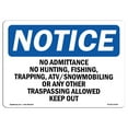 thumbnail image 1 of OSHA Notice Sign - No Admittance No Hunting Fishing Trapping | Aluminum Sign | Protect Your Business Work Site Warehouse & Shop Area |  Made in the USA, 1 of 6