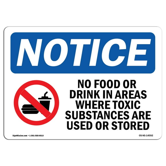 OSHA Notice Sign - No Food Or Drink In Areas Where |  Aluminum Sign | Protect Your Business, Construction Site, Warehouse & Shop Area |  Made in the USA