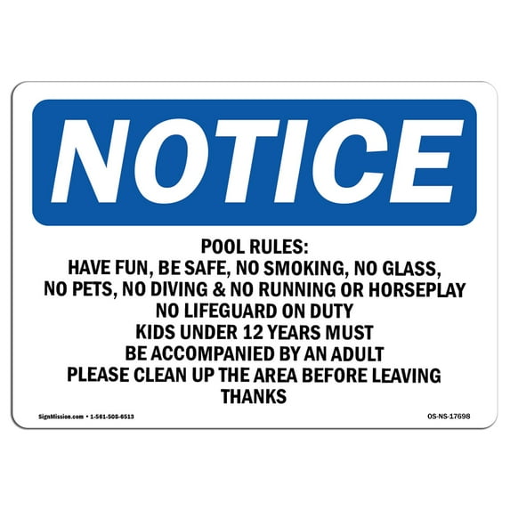OSHA Notice Sign - Pool Rules No Running No Rough Play No | Aluminum Sign | Protect Your Business Work Site Warehouse & Shop Area | Made in the USA