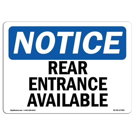 OSHA Notice Sign - Rear Entrance Available | Aluminum Sign | Protect Your Business, Construction Site, Warehouse & Shop Area | Made in the USA