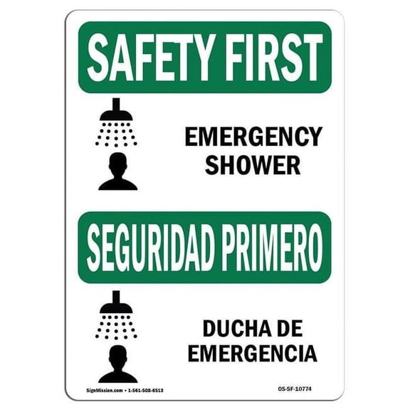 SignMission OS-SF-A-710-L-10774 7 x 10 in. OSHA Safety First Sign - Emergency Shower Bilingual