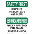 thumbnail image 1 of SignMission OS-SF-A-710-L-10809 7 x 10 in. OSHA Safety First Sign - Help Keep Plant Safe Clean Bilingual, 1 of 6