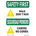 thumbnail image 1 of OSHA SAFETY FIRST Sign - Walk Don't Run With Symbol Bilingual | Aluminum Sign | Protect Your Business, Work Site, Warehouse & Shop Area | Made in the USA, 1 of 6